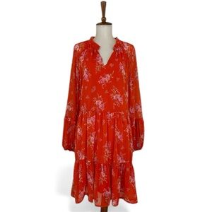 Vince Camuto Floral Dress Women’s L Orange V-Neck Long Sleeve Tiered Shift Large